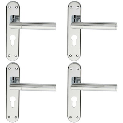 - 4X Round Bar Lever On Euro Lock Backplate Door Handle 180 X 40mm Polished Chrome