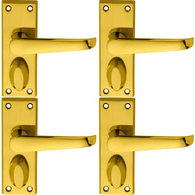  - 4X Pair Straight Handle On Short Privacy Backplate 118 X 42mm Polished Brass