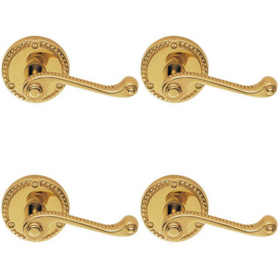  - 4X Pair Georgian Scroll Handle On Round Rose Rope Design Pattern Polished Brass