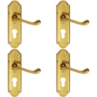 B&Q 4X Pair Victorian Upturned Lever On Euro Lock Backplate 168 X 47Mm Brass
