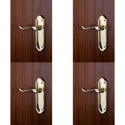 B&Q 4X Pair Victorian Upturned Handle On Latch Backplate 168 X 47Mm Polished Brass