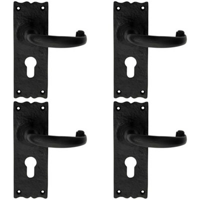  - 4X Pair Forged Curved Handle On Euro Lock Backplate 155 X 54mm Black Antique