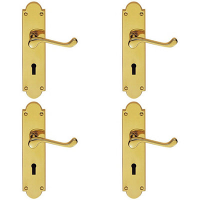  - 4X Pair Victorian Scroll Handle On Lock Backplate 205 X 49mm Polished Brass