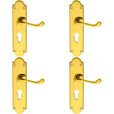 B&Q 4X Pair Victorian Scroll Lever On Euro Lock Backplate 205 X 49Mm Polished Brass