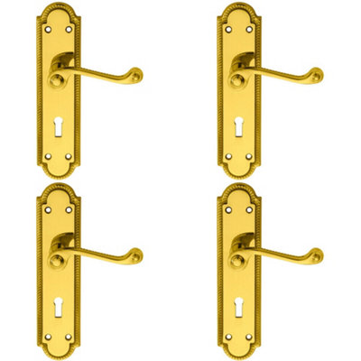 4X Pair Reeded Scroll Handle On Shaped Lock Backplate 205 X 49mm Polished Brass from B&Q