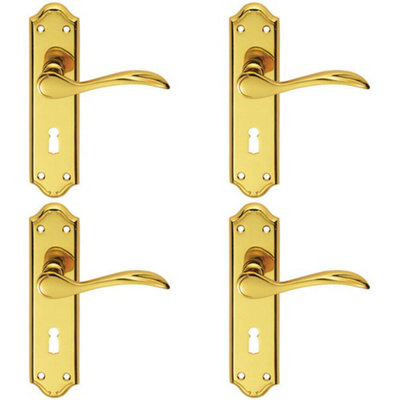  - 4X Pair Curved Door Handle Lever On Lock Backplate 180 X 45mm Polished Brass