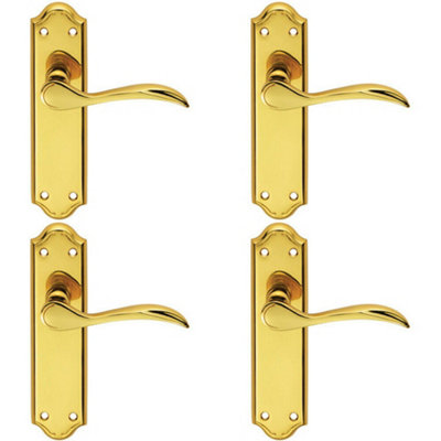  - 4X Pair Curved Door Handle Lever On Latch Backplate 180 X 45mm Polished Brass