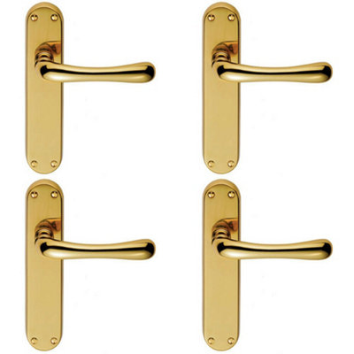 B&Q 4X Pair Smooth Rounded Lever On Shaped Latch Backplate 185 X 42Mm Polished Brass