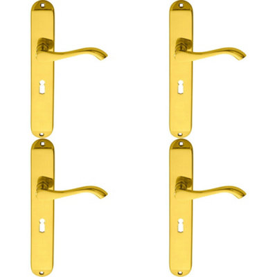 B&Q 4X Pair Curved Handle On Long Slim Lock Backplate 241 X 40Mm Polished Brass
