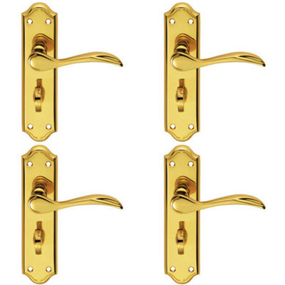  - 4X Pair Curved Door Handle Lever On Bathroom Backplate 180 X 45mm Polished Brass