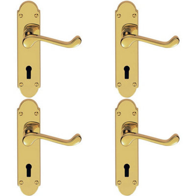 B&Q 4X Pair Victorian Upturned Handle On Lock Backplate 170 X 42Mm Stainless Brass