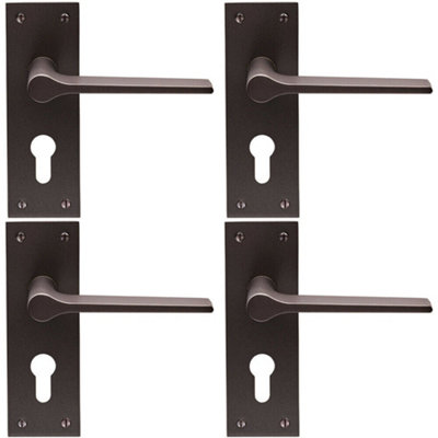 - 4X Pair Flat Straight Handle On Slim Euro Lock Backplate 150 X 50mm Matt Bronze