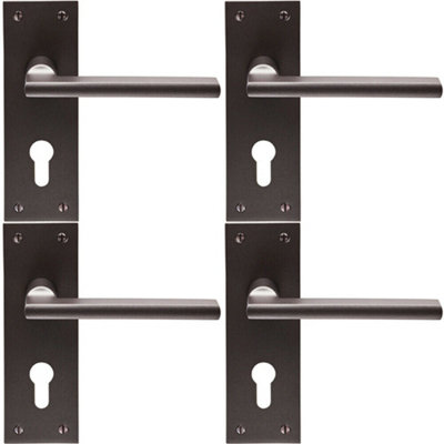  - 4X Pair Straight Bar Handle On Slim Euro Lock Backplate 150 X 50mm Matt Bronze
