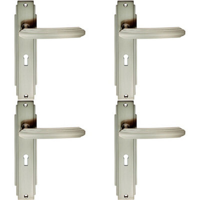 B&Q 4X Pair Line Detailed Handle On Lock Backplate 205 X 45Mm Satin Nickel
