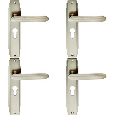 B&Q 4X Pair Line Detailed Handle On Euro Lock Backplate 205 X 45Mm Satin Nickel