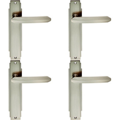4X Pair Line Detailed Handle On Latch Backplate 205 X 45mm Satin Nickel from B&Q