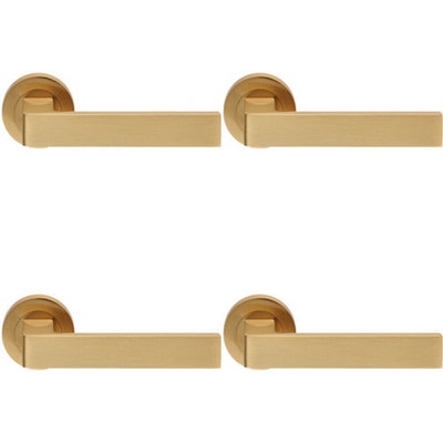  - 4X Pair Straight Square Handle On Round Rose Concealed Fix Satin Brass