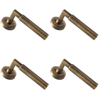 4X Pair Straight Round Bar Handle On Round Rose Concealed Fix Antique Brass