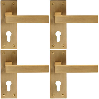  - 4X Pair Straight Square Handle On Euro Lock Backplate 150 X 50mm Antique Brass