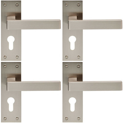 B&Q 4X Pair Straight Square Handle On Euro Lock Backplate 150 X 50Mm Satin Nickel