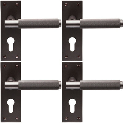  - 4X Pair Knurled Round Handle On Slim Euro Lock Backplate 150 X 50mm Matt Bronze