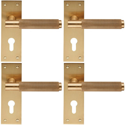  - 4X Pair Knurled Round Handle On Slim Euro Lock Backplate 150 X 50mm Satin Brass