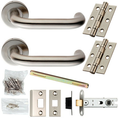 B&Q Door Handle & Latch Pack Satin Steel Arched Safety Lever Screwless Round Rose