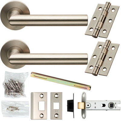 B&Q Door Handle & Latch Pack Satin Steel Flat Mitred Lever Screwless Round Rose