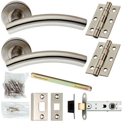 B&Q Door Handle & Latch Pack Satin Steel Arched Lever On Screwless Round Rose