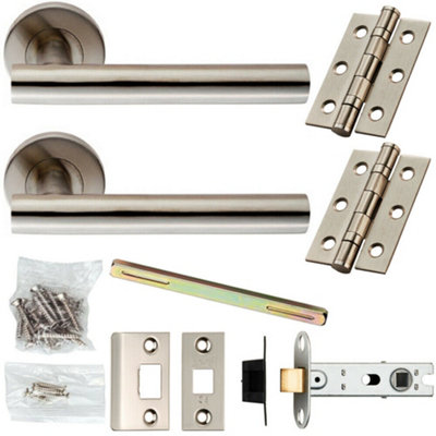 B&Q Door Handle & Latch Pack Satin Steel Rounded T Bar On Screwless Round Rose