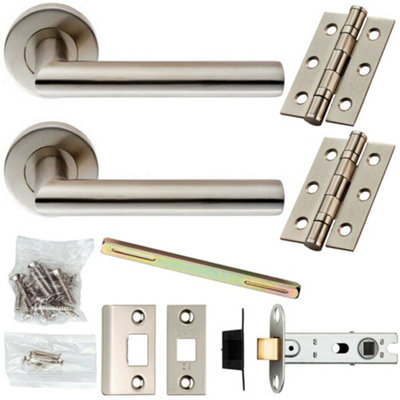 B&Q Door Handle & Latch Pack Satin Steel Oval Mitred Lever Screwless Round Rose