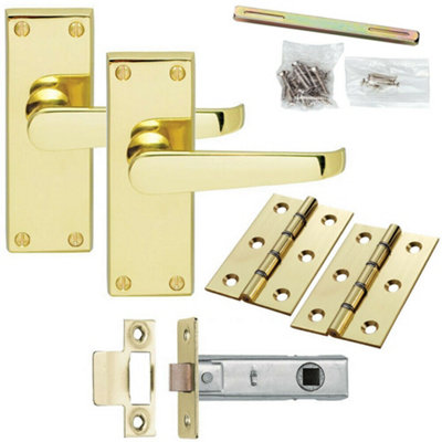  - Door Handle & Latch Pack Brass Victorian Straight Lever On Square Backplate