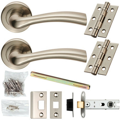B&Q Door Handle & Latch Pack Satin Nickel Curved Flared Lever Screwless Round Rose