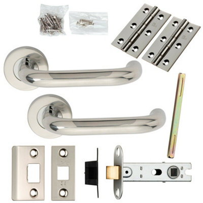 Door Handle & Latch Pack Polished Steel Safety Lever Screwless Round Rose from B&Q