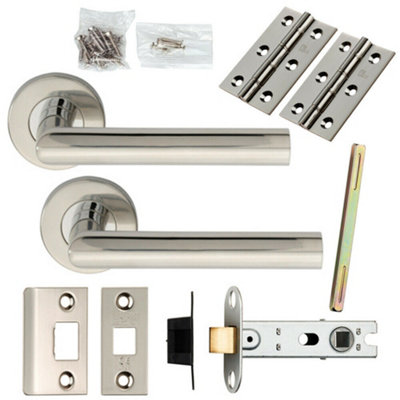 Door Handle & Latch Pack Polished Steel Mitred Lever Screwless Round Rose from B&Q