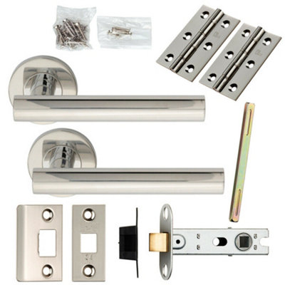  - Door Handle & Latch Pack Polished Steel Round T Bar Lever Screwless Rose