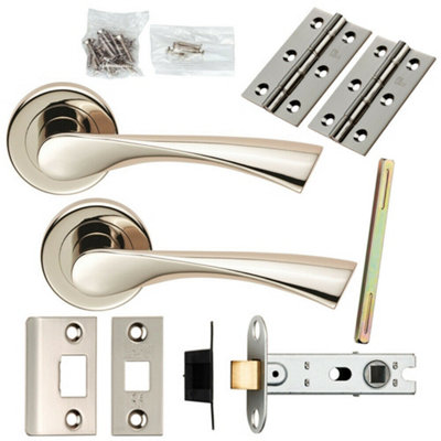  - Door Handle & Latch Pack Polished Nickel Angular Lever Screwless Round Rose