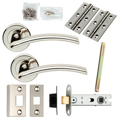 Door Handle & Latch Pack Polished Nickel Arched Lever Screwless Round Rose from B&Q