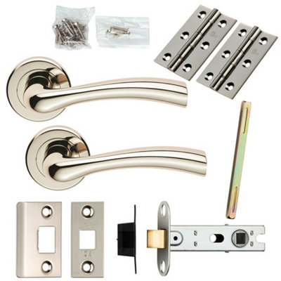 Door Handle & Latch Pack Polished Nickel Flared Lever Screwless Round Rose from B&Q