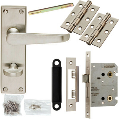 - Door Handle & Bathroom Lock Pack Satin Chrome Victorian Flat Lever Backplate