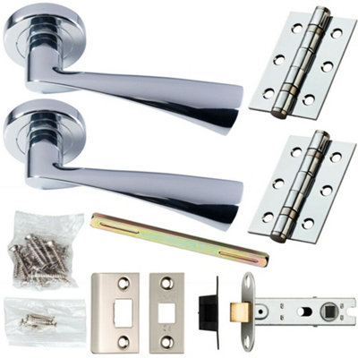  - Door Handle & Latch Pack Chrome Modern Curved Twisted Bar Screwless Round Rose