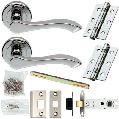  - Door Handle & Latch Pack Chrome Modern Scroll Curved Arm Screwless Round Rose