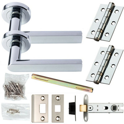 Door Handle & Latch Pack Chrome Modern Flat Square Bar On Screwless Round Rose from B&Q
