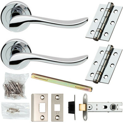  - Door Handle & Latch Pack Chrome Modern Scroll Lever On Screwless Round Rose