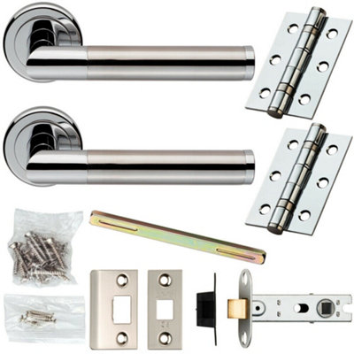 Door Handle & Latch Pack Chrome & Satin Nickel Straight Screwless Round Rose from B&Q