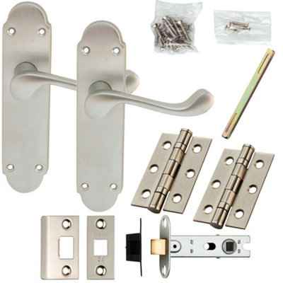 B&Q Door Handle & Latch Pack Satin Chrome Victorian Upturned Scroll Backplate