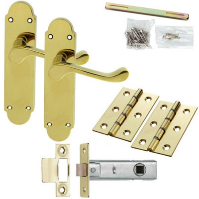 Door Handle & Latch Pack Brass Victorian Upturn Lever Turn Rounded Backplate from B&Q