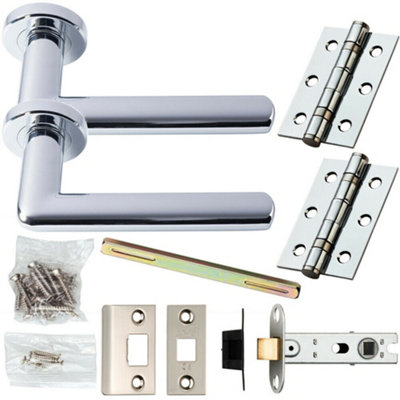  - Door Handle & Latch Pack Chrome Modern Straight Slim On Screwless Round Rose