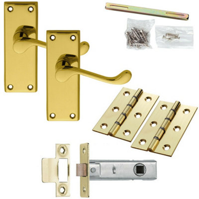  - Door Handle & Latch Pack Brass Victorian Scroll Bar Curved Short Backplate