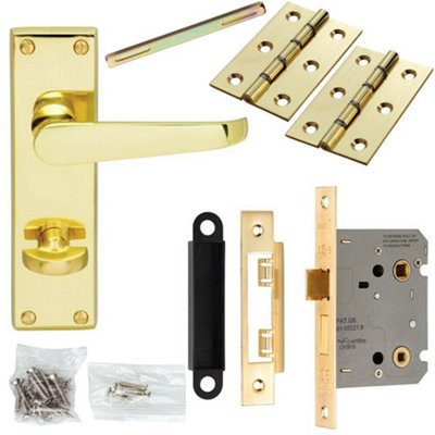  - Door Handle & Bathroom Lock Pack Brass Victorian Flat Thumb Turn Backplate